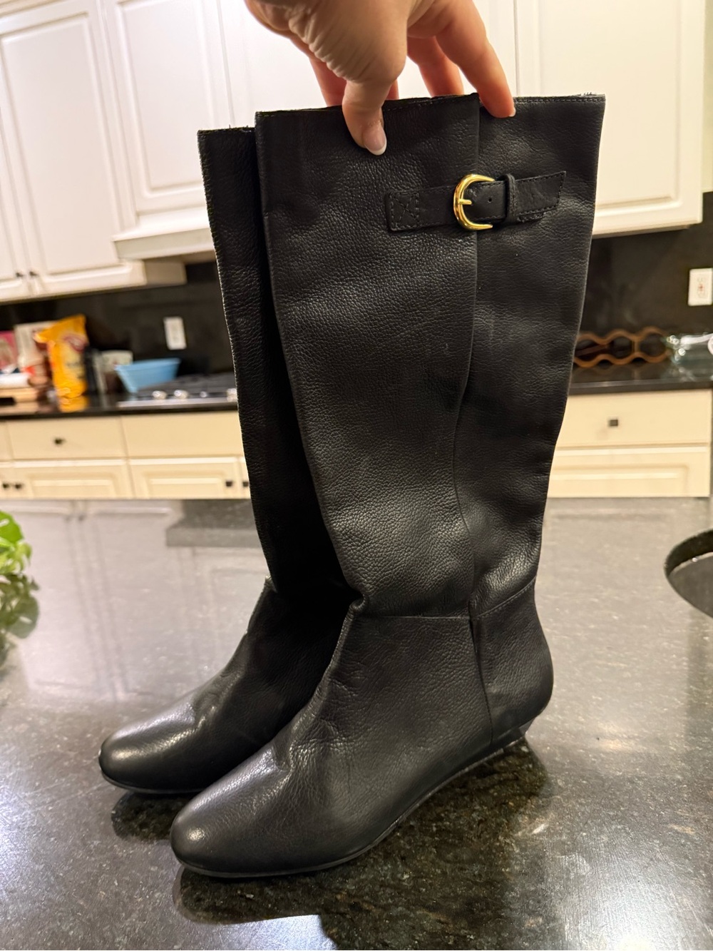 STEVEN by Steve Madden “Intyce” Black Knee-High Women's Leather Boots w Gold Acc